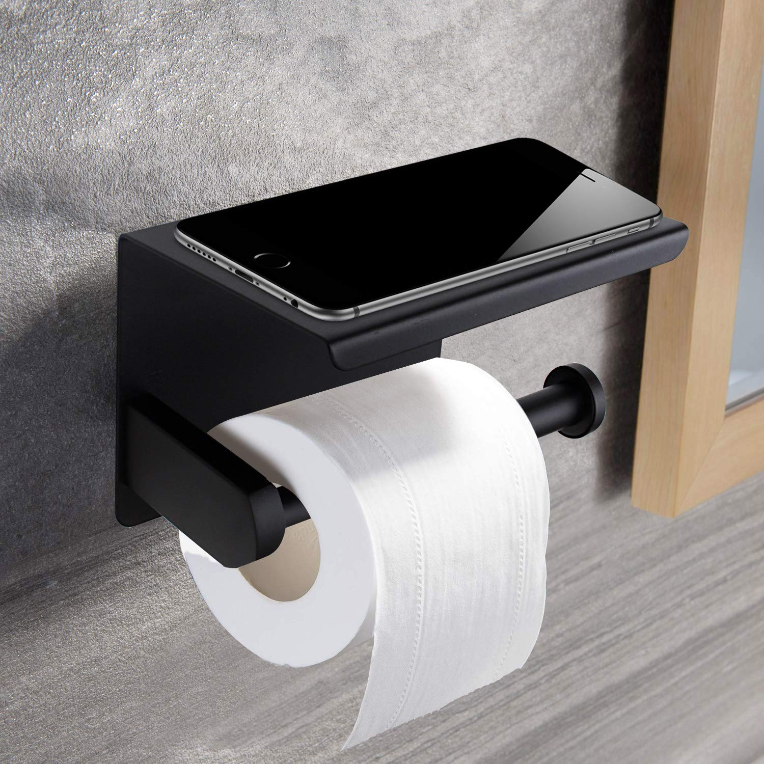 Black toilet paper holder with shelf